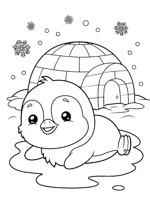Coloriage : Le manchot et son igloo